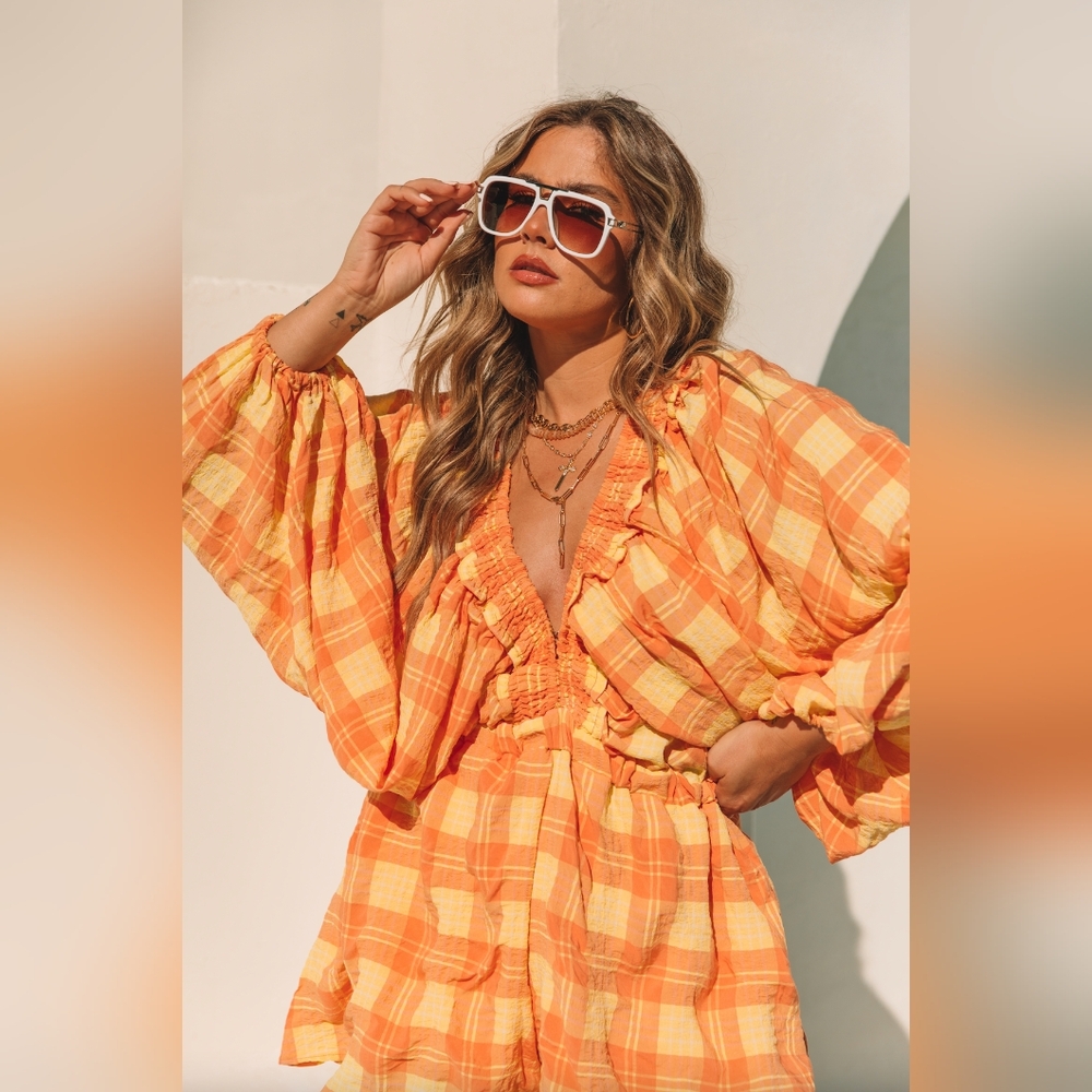 Mable Long Sleeve Bubble Sunshine Romper Plaid Orange Yellow Size Medium